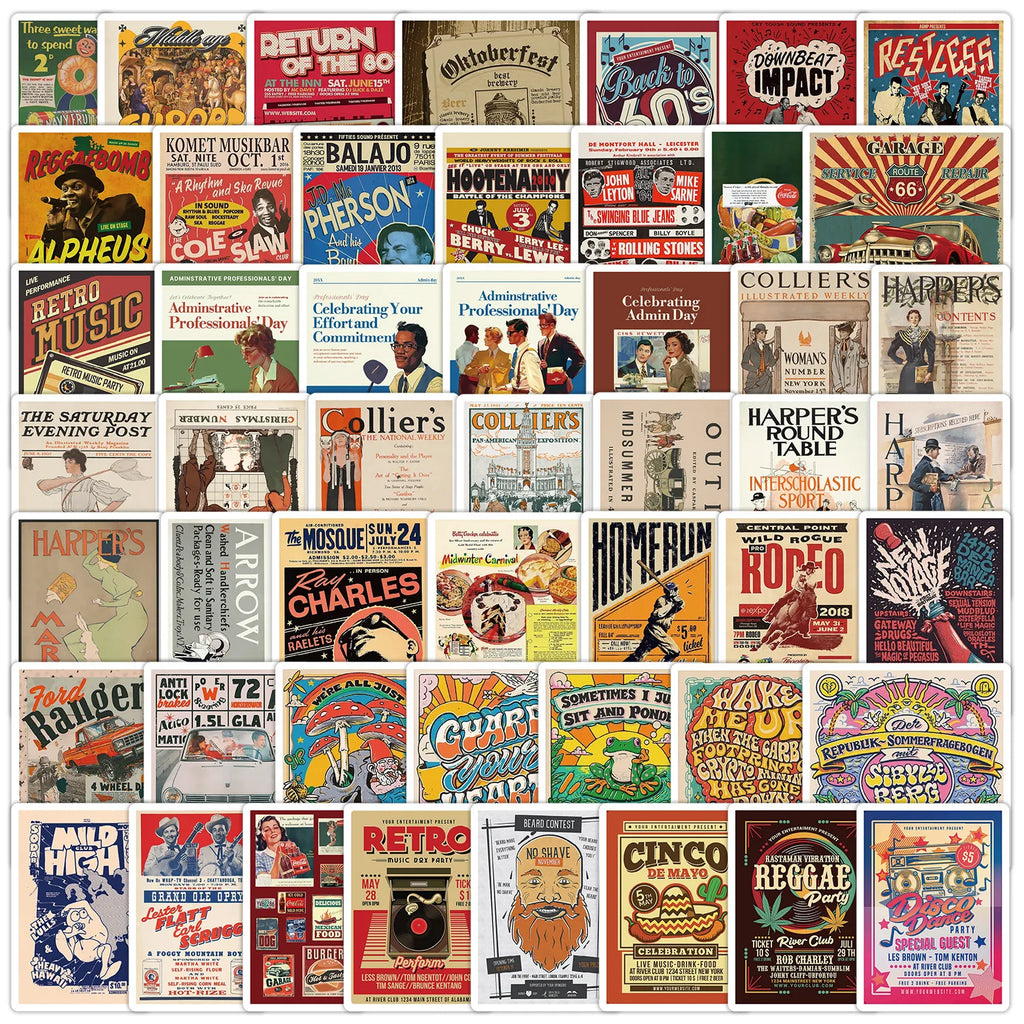 50/100Pcs American Vintage Poster Doodle Creative Stickers for Phone Laptop Helmet Fridge Drawer Storage Box Waterproof Decals