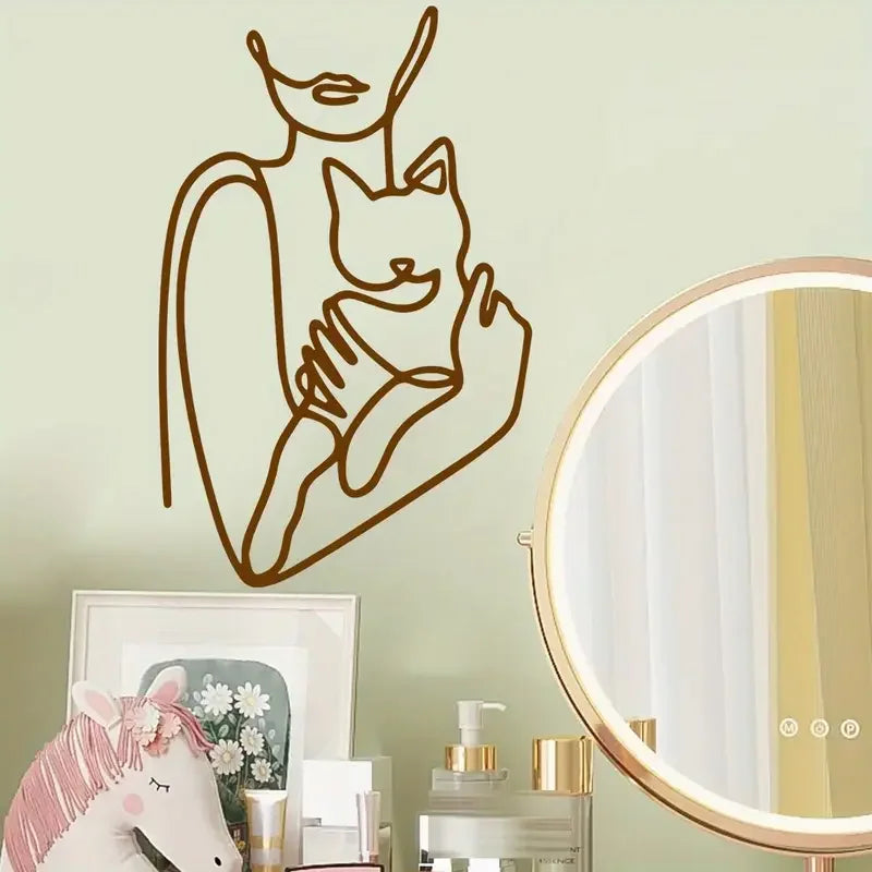 1pc Elegant Woman and Cat Wall Sticker - Contemporary Self-Adhesive Vinyl Decal, Reusable Glossy Finish for Living Room, Bedroom