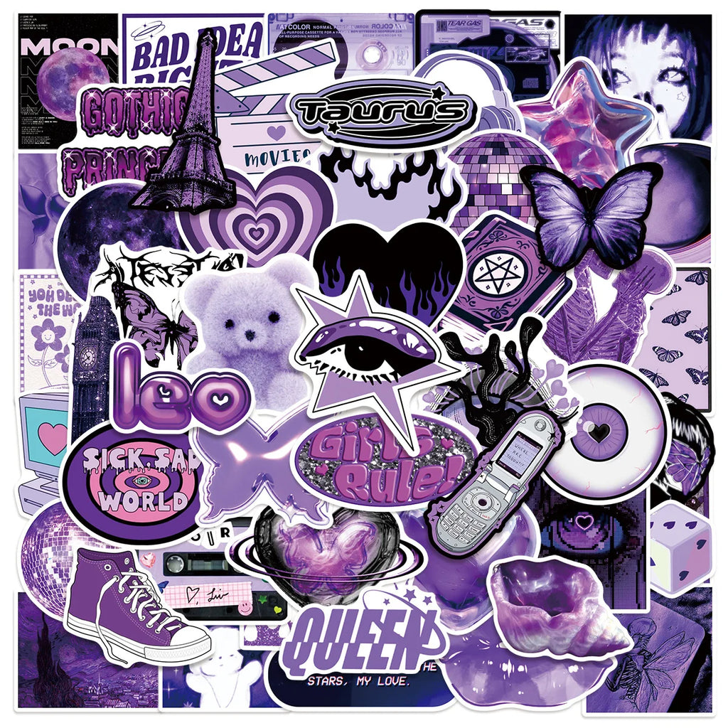 50/100Pcs Purple Y2K Girl Graffiti Sticker Office School Supplies Stationery Decals Trolley Case Scooter Helmet Fridge Stickers