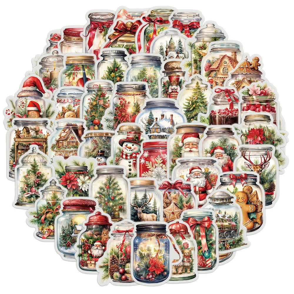 50PCS Transparent Cartoon Christmas Bottle Gift Decorative Stickers DIY Handmade Album Fixed Phone Laptop Sticker Toys