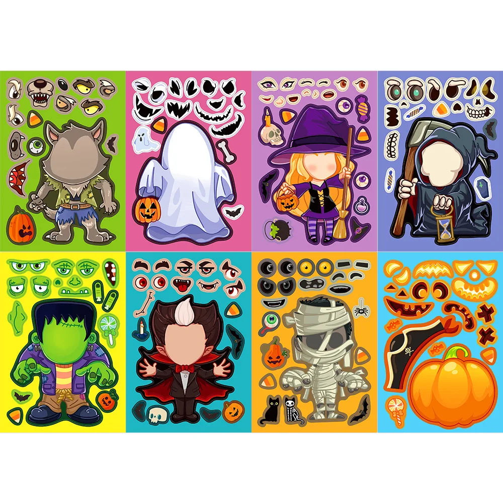 8PCS Cartoon Halloween Card Stickers Cute Cartoon Harajuku Characters Laptop Luggage Guitar Skateboard Waterproof Decals Sticker