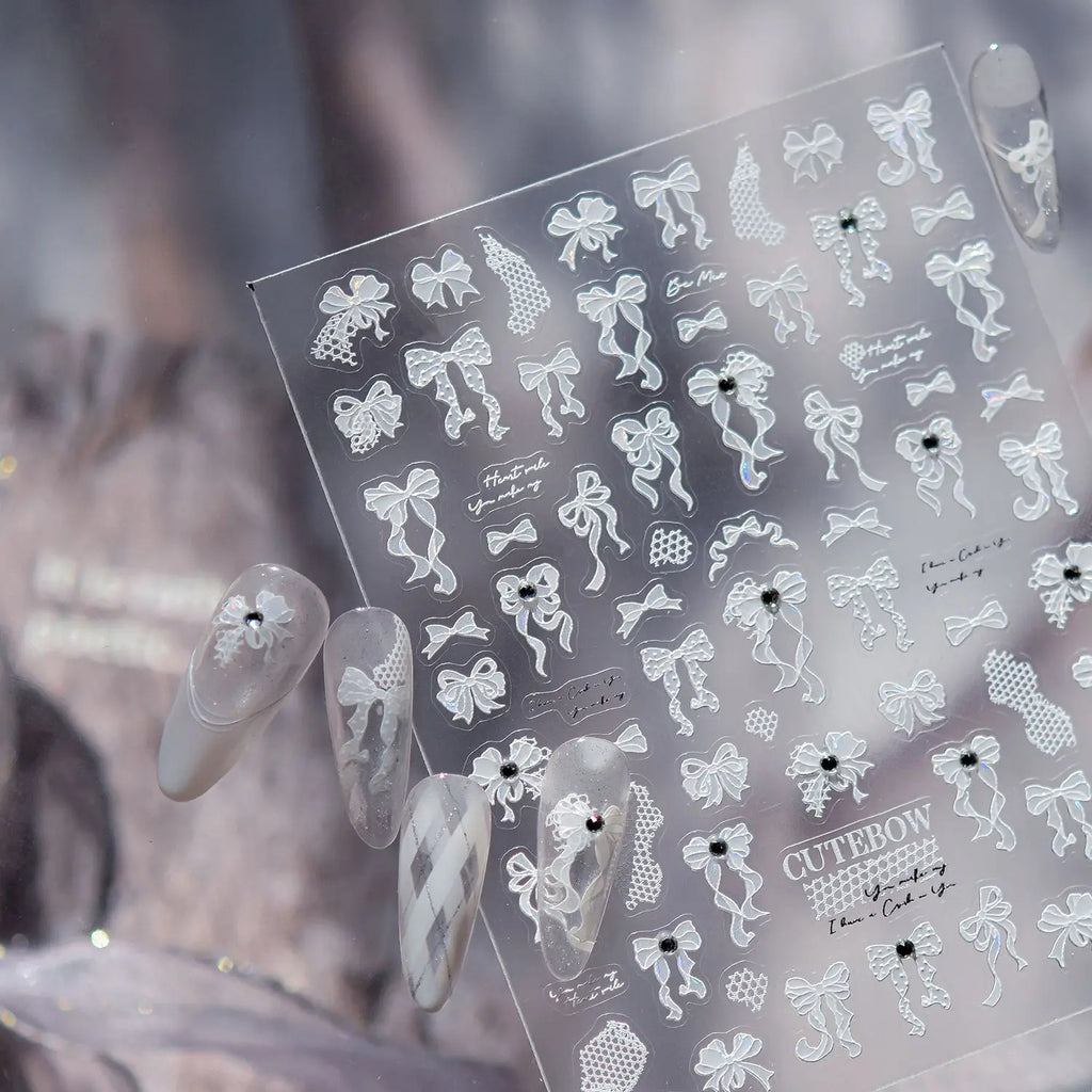 Calssic White Ribbon Bow Nail Art Stickers 5D Crystal Diamond Nail Sticker Adhesive Bowkont Wedding Nails Decorations Decals DIY