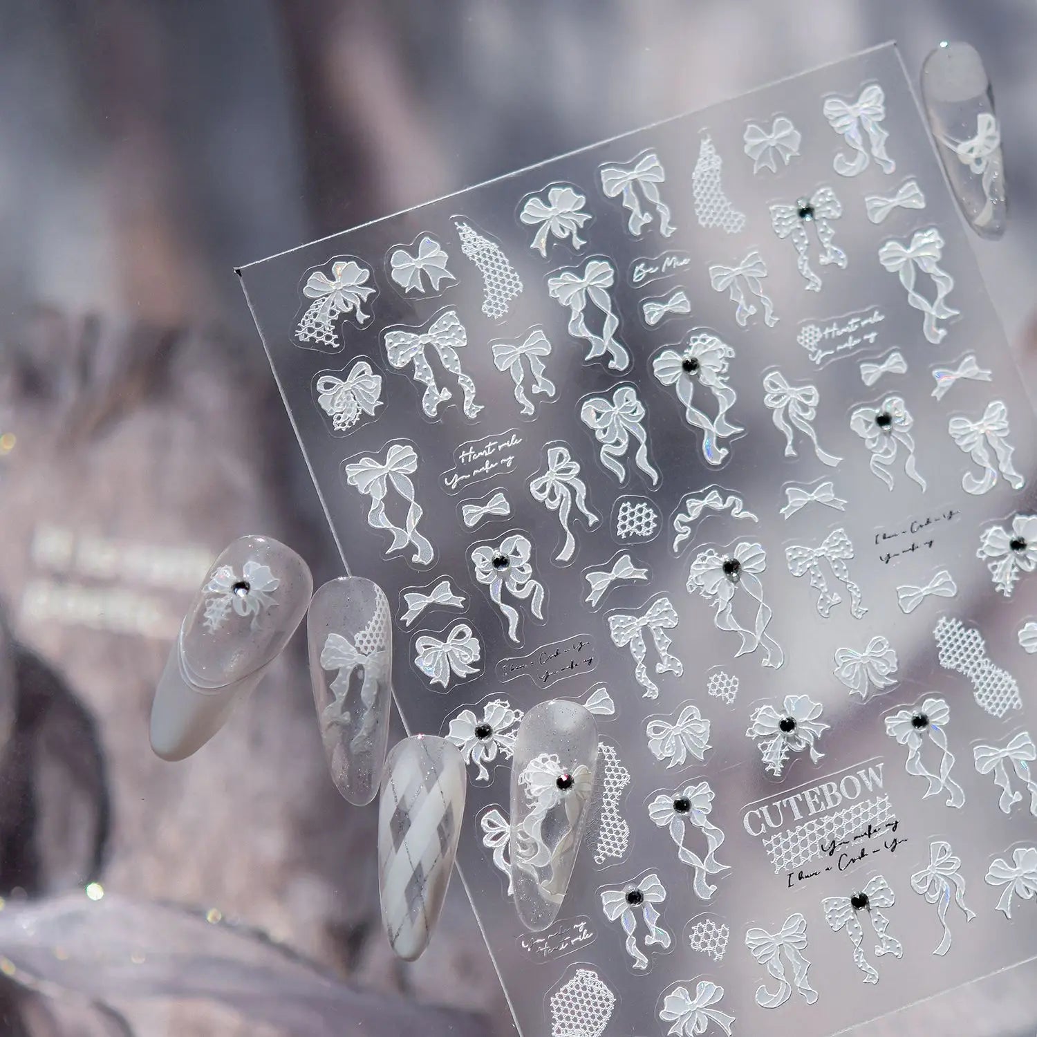 Calssic White Ribbon Bow Nail Art Stickers 5D Crystal Diamond Nail Sticker Adhesive Bowkont Wedding Nails Decorations Decals DIY