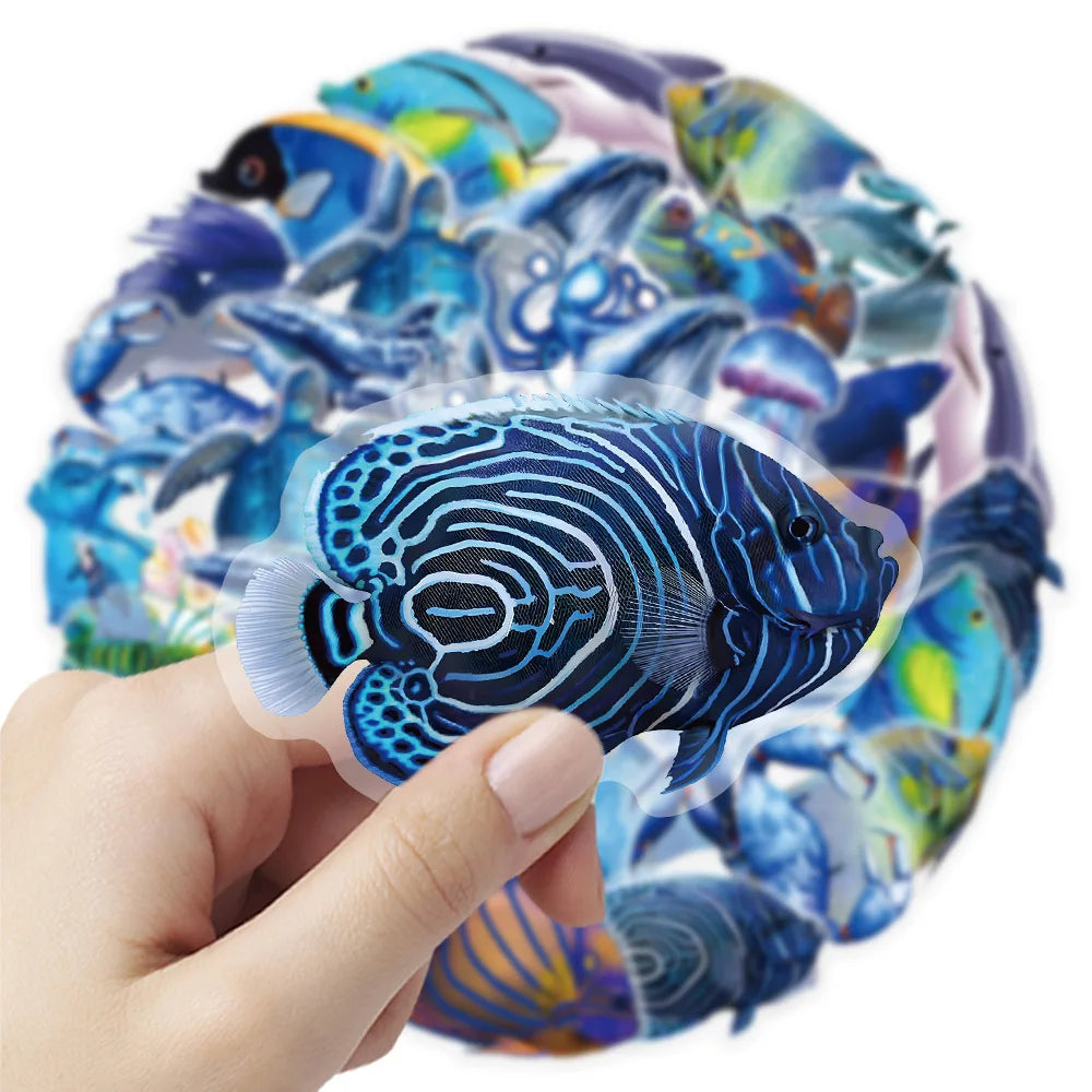 50PCS Cartoon Underwater World Marine Life Stickers PET Decor Phone Stationery Box Waterproof Stickers for Children Rewards