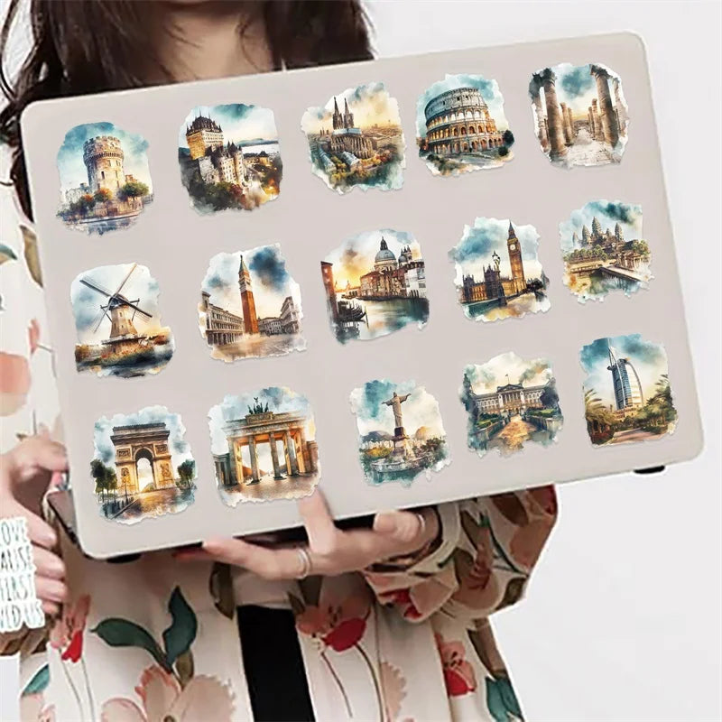 50PCS World Architecture PET Sticky Sticker Aesthetic Tear Open Decoration Scrapbooking Stationery Supplies for Kids