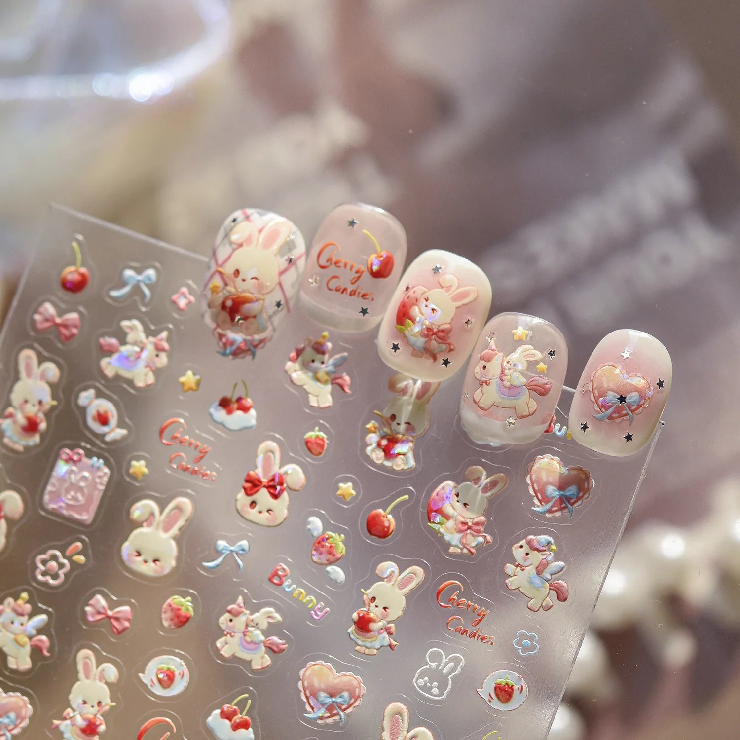 strawberry Cherry Bunny Nail Stickers Shell Light Dreaming Unicorn Nails Art Accessories Stickers Self Adhesive Nail Decals DIY