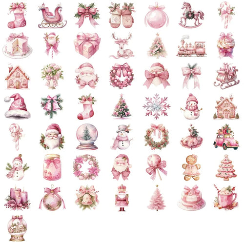 10/30/50PCS Cute Pink Christmas PVC Sticky Sticker Aesthetic DIY Decoration Scrapbooking Children's School Supplies