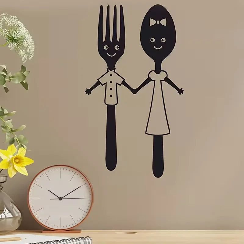 Cartoon Fork & Spoon Holding Hands Wall Decal - Self-Adhesive Removable PVC Sticker, Matte Finish Playful Kitchen Decor for Livi