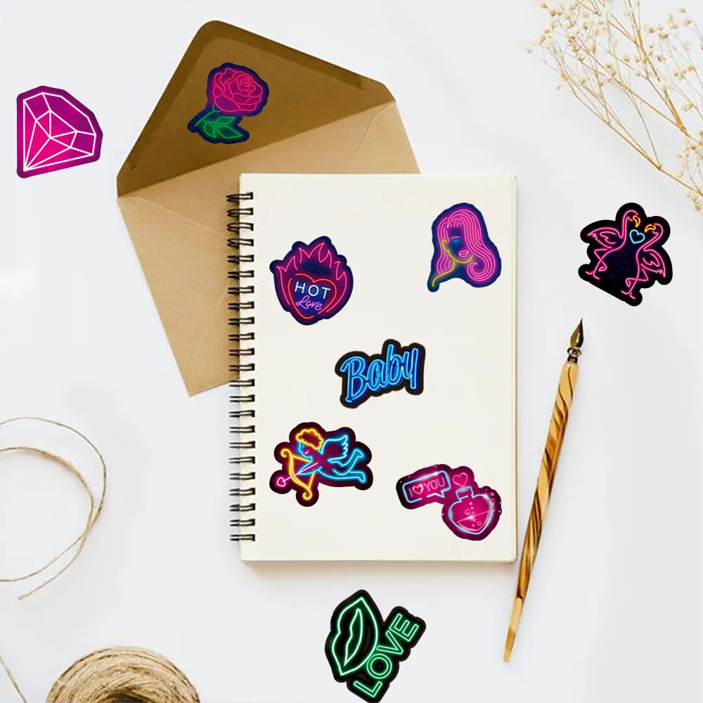 50-Pack Neon Valentine Graffiti Stickers Waterproof for Luggage Notebooks Electric Bicycles Skateboards Mobile Phones Stationery