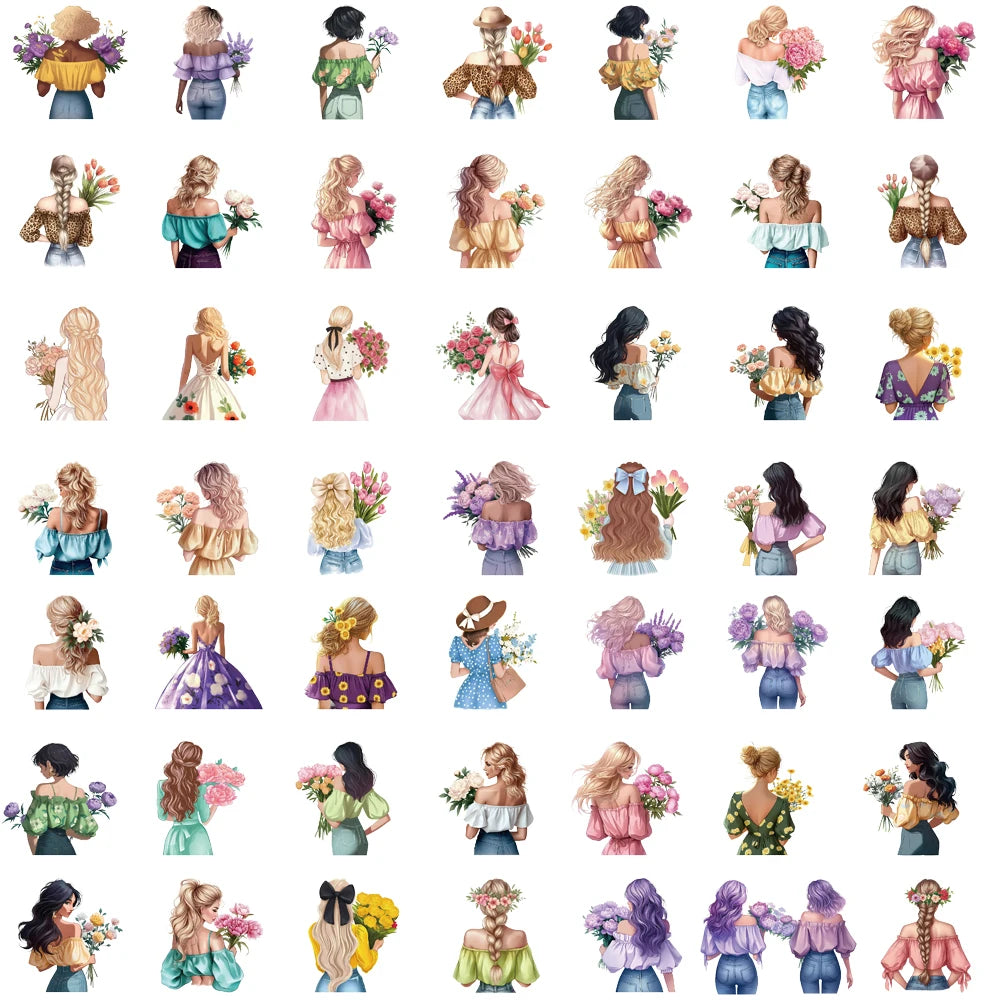 50PCS Flower Girl Sticker Motorcycle Aesthetic Cartoon Coffee Graffiti Luggage Aesthetic Motorcycle Skateboard Waterproof Sticke