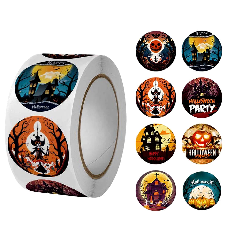 500Pcs Round Cartoon Halloween Day/All Saints'Day Stickers 2.5cm/1'' Roll DlY Craft Decoration Scrapbook Label Gift Sealing