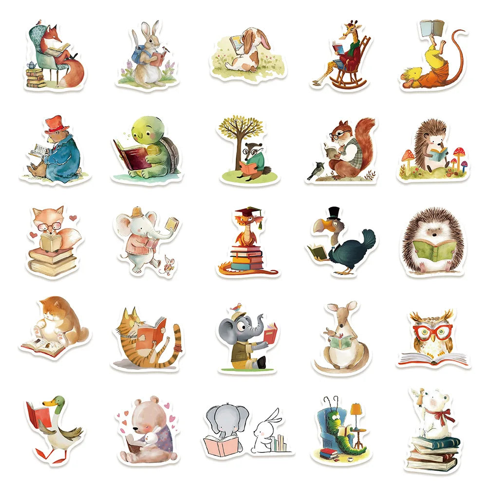 50/100PCS Animal Reading Animal Bookish Stickers Luggage, Computer, Mobile Phone, Helmet, Waterproof Stationery Stickers