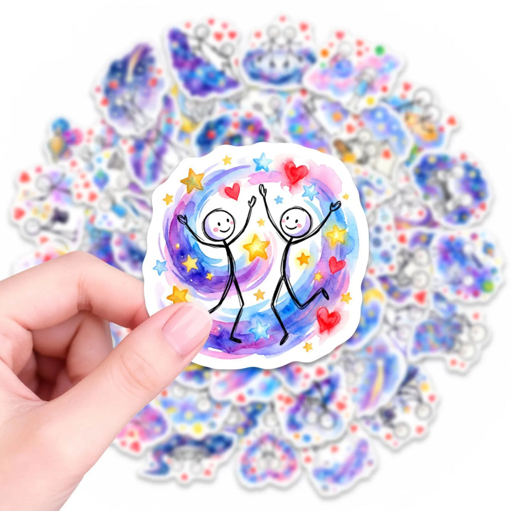 50/100 Pcs Galaxy Watercolor Stick Figure Couple Stickers Dreamy Minimalist Waterproof for Atmosphere Phone Laptop Diary Decals