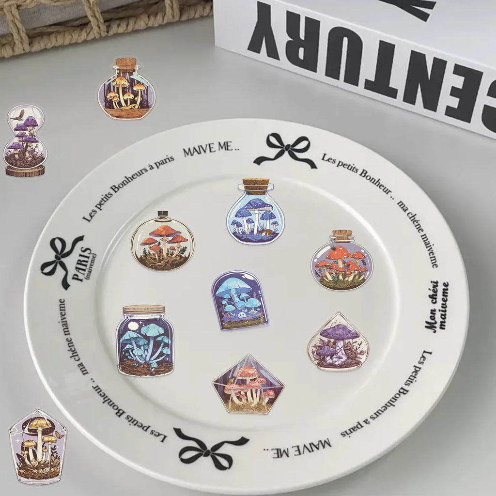 50/100PCS Transparent PET Cartoon Retro Mushroom Bottle Sticker Pack Waterproof Decorative Guitar Notebook Stickers