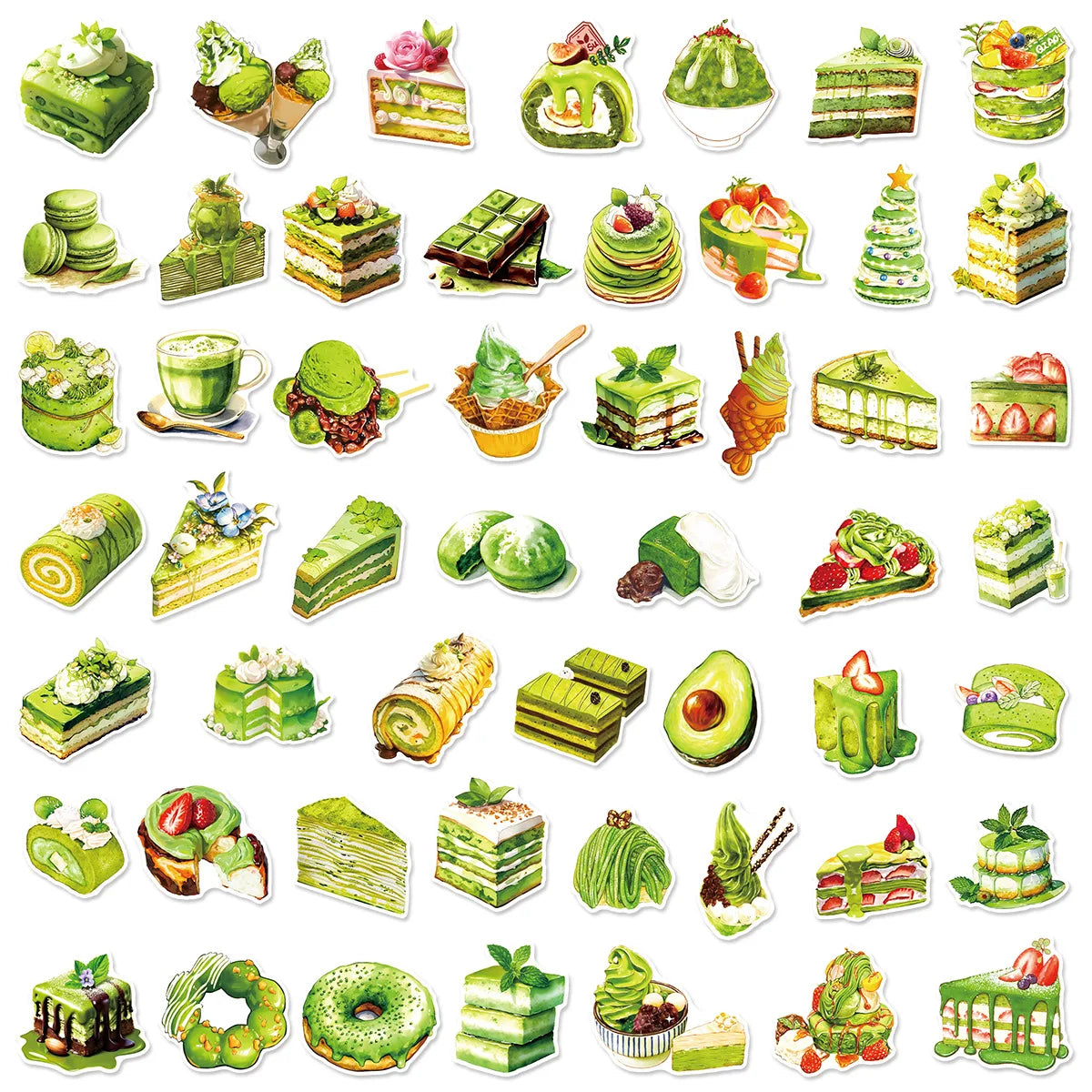 50/100Pcs Chocolate & Matcha Dessert Cake Doodle Stickers, Stationery Decor Decals Notebook Lunch Box Fridge Luggage Stickers