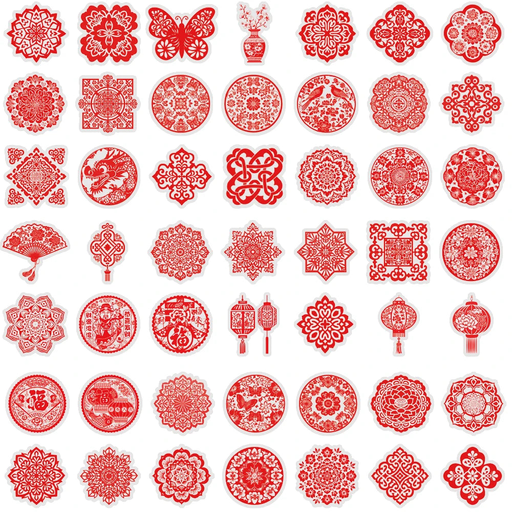 50PCS Chinese Spring Festival Window Stickers Graffiti Nostalgia Stationery Laptop DIY Scrapbook Luggage Personality Sticker