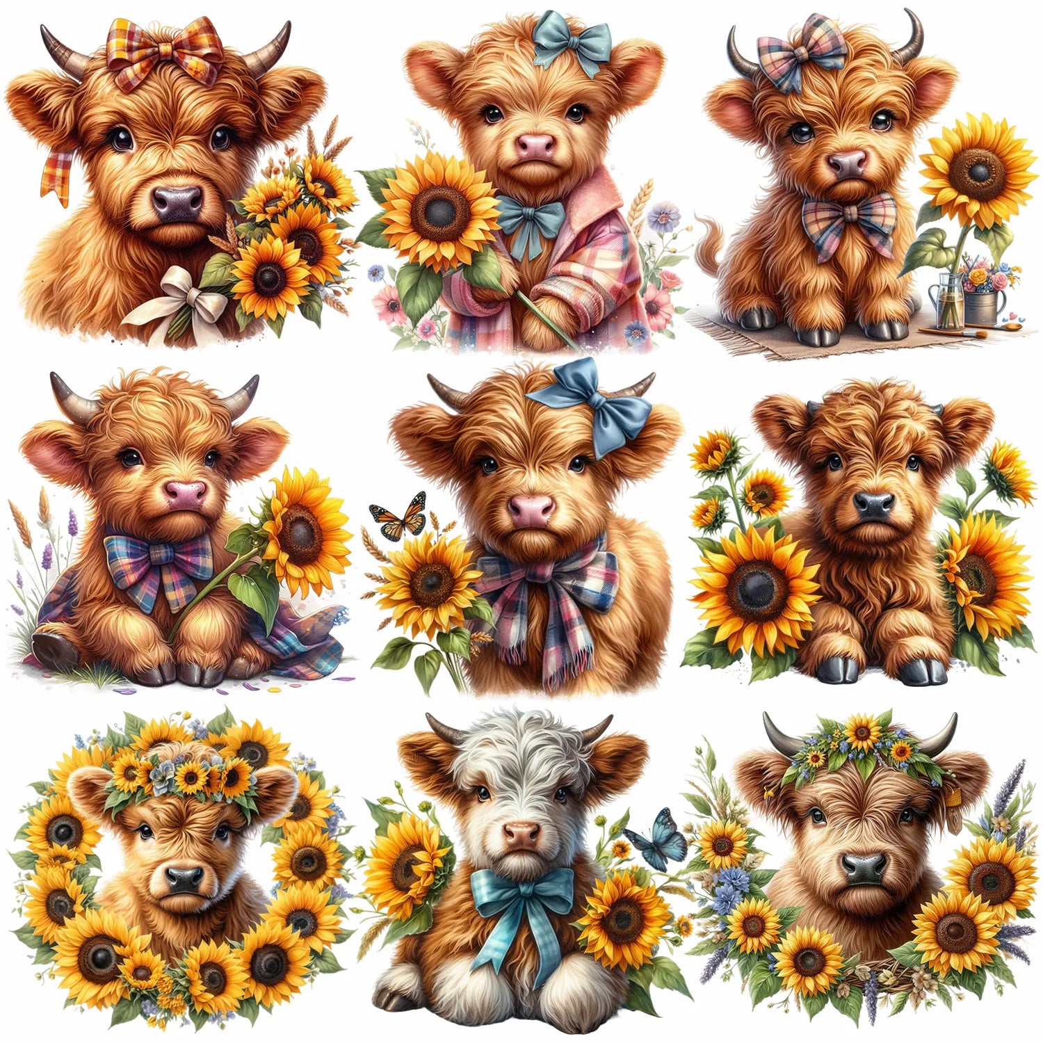 9 sheets Highland Cattle Animal Theme Iron-On Decals T-Shirt Heat Transfers for DIY, Funny, Sunflower, T-shirts, Masks, Jeans