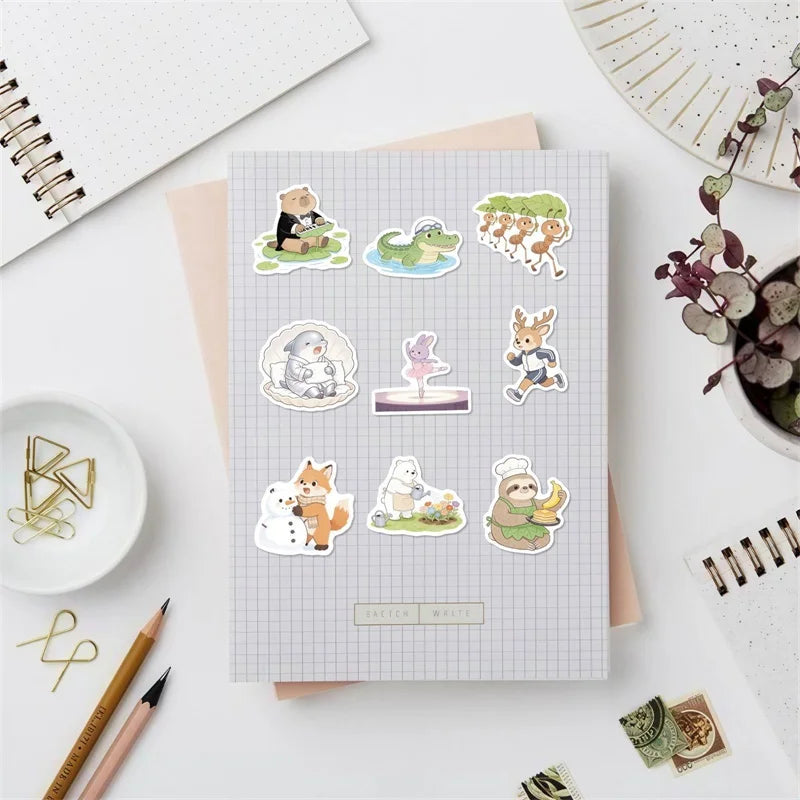 10/30/56PCS Watercolor Animals PVC Sticky Sticker Stationery DIY Children's Laptop Luggage Skateboard Decoration Scrapbooking