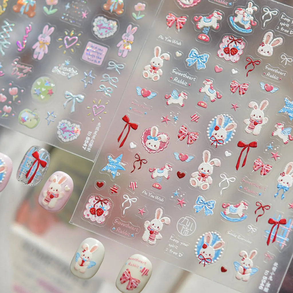 Rabbit and Bear Star Ribbon Ribbon Charms Nail Art Stickers 5D Reliefs Nail Sticker Cartoon Designs Adhesive Nail Decor Stickers
