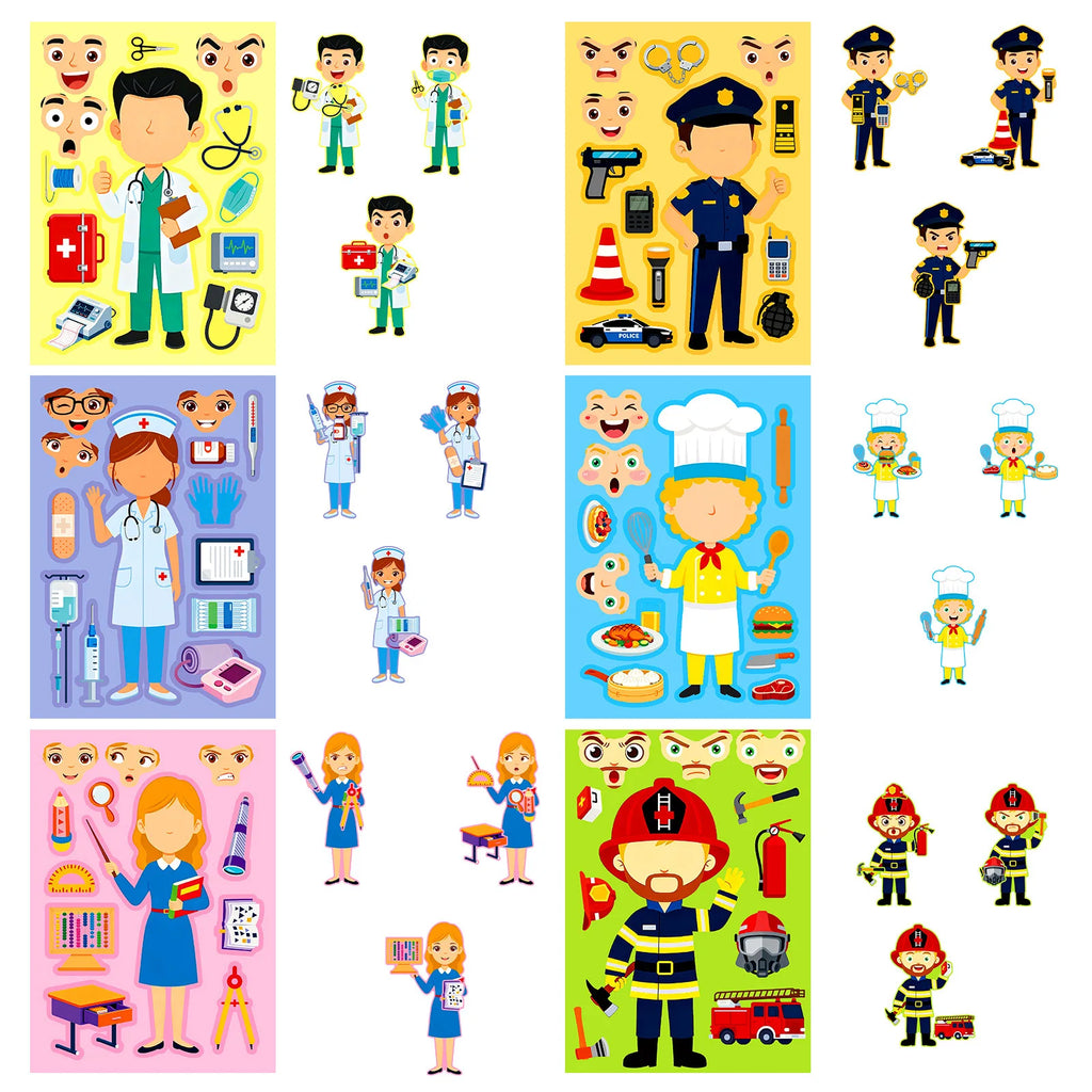 6/12 Pcs Large Different Profession Puzzle Make A Face Stickers Educational DIY for Notebook Stationery Box Desk Drawer Craft