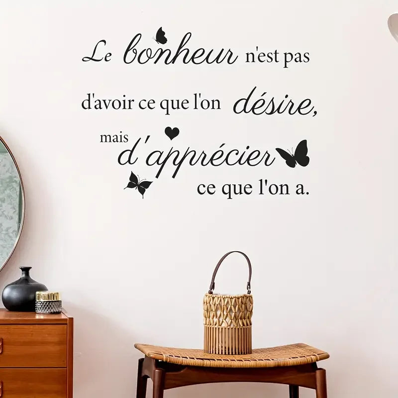 Self-Adhesive Removable Black French Calligraphy Wall Decal "Happiness is Appreciating What You Have" - Elegant PVC Sticker Suit