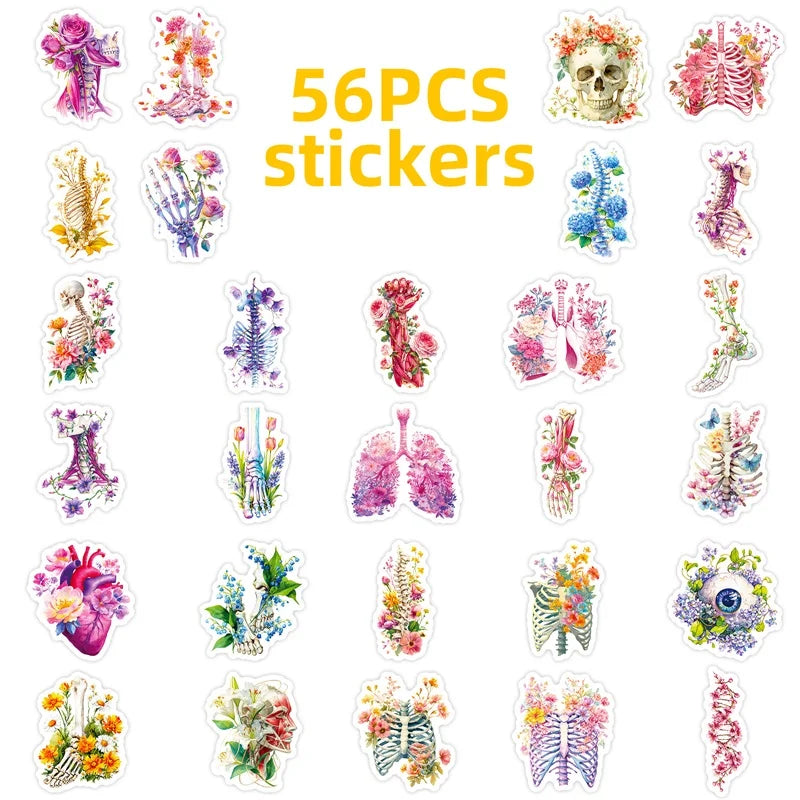10/30/56PCS Cute Flower Skull Organs PVC Sticky Stickers Aesthetic Colored DIY Phone Laptop Luggage Skateboard Graffiti Decals