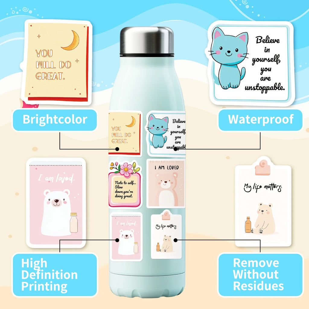 50PCS Cartoon Self affirmation Motivation Text Phrases Graffiti Stickers Decorative Phone Helmet Tablets Waterproof Stickers