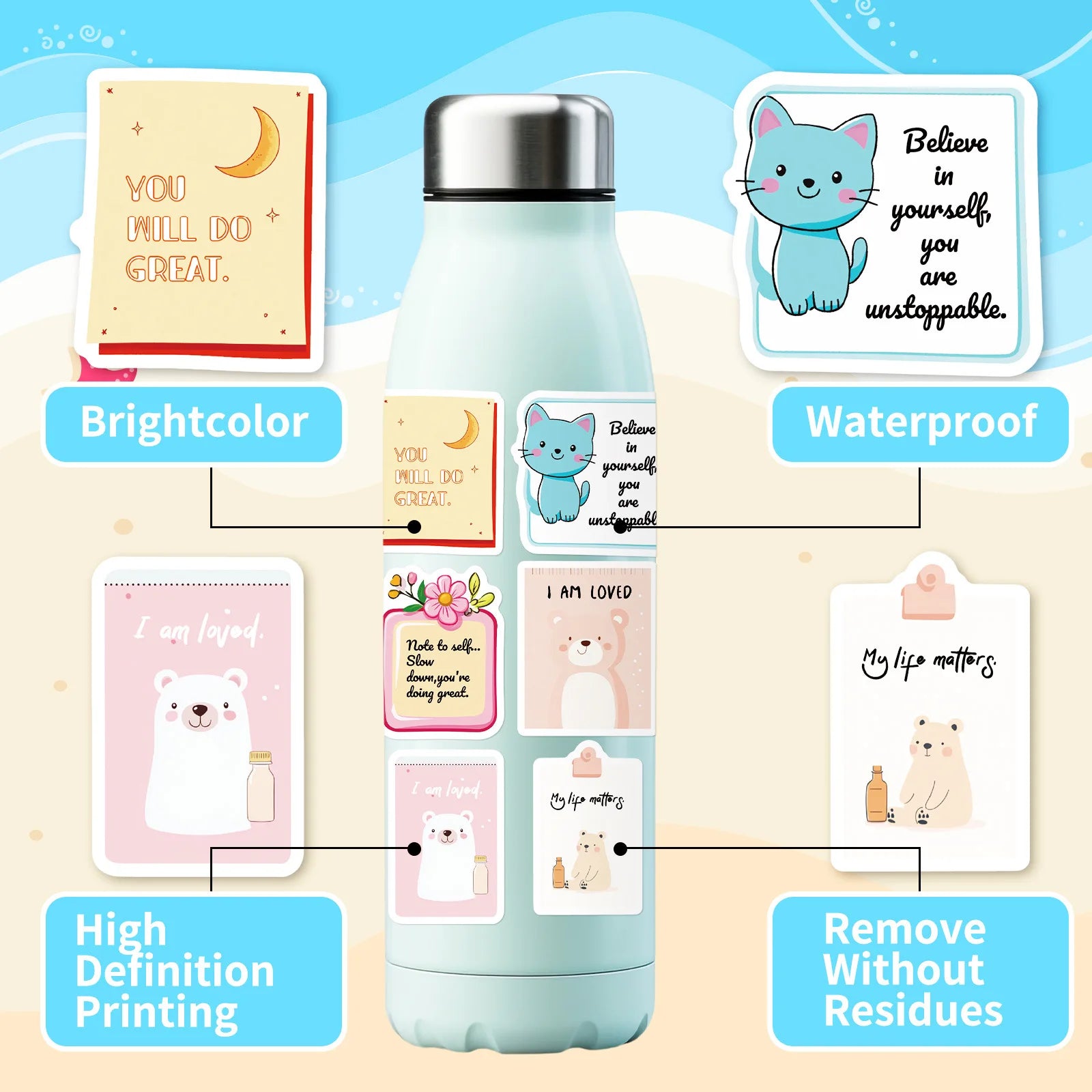 50PCS Cartoon Self affirmation Motivation Text Phrases Graffiti Stickers Decorative Phone Helmet Tablets Waterproof Stickers