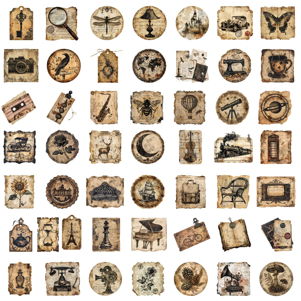 50/100PCS Vintage Label Sticker Nostalgia Harajuku Aesthetic Stationery Cafe Phone Supplies Guitar Community Dormitory Stickers