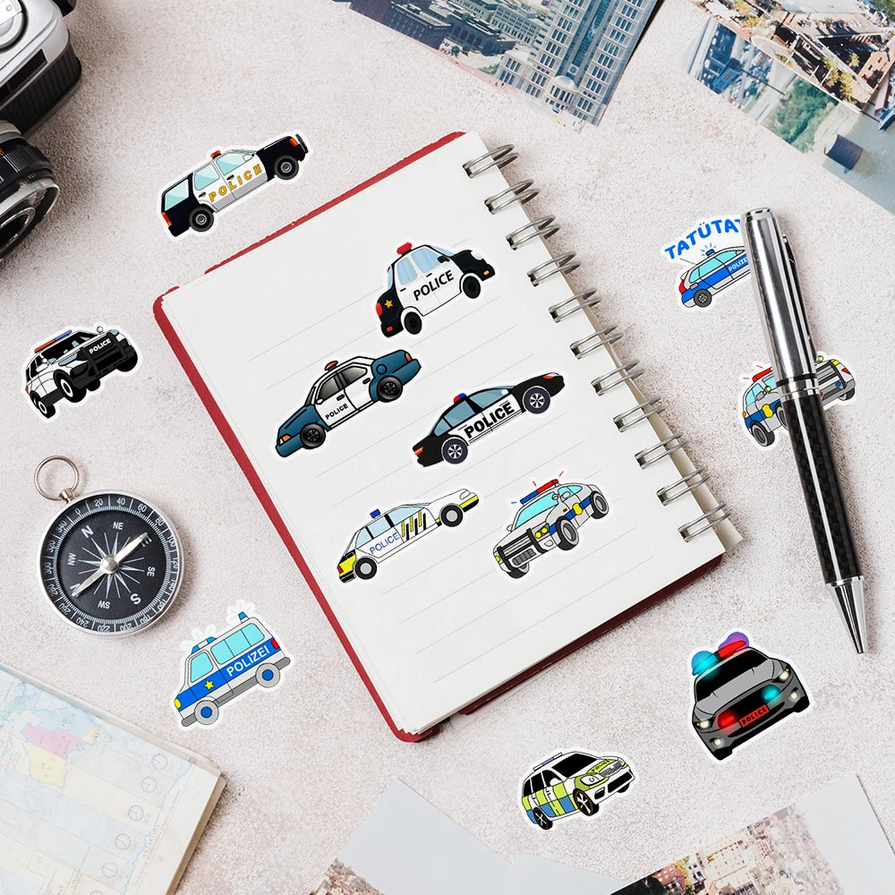 50 Pcs Cartoon Police Car Stickers, Mobile Phone Water Cup Computer Decoration Stickers, Laptop hand account waterproof stickers