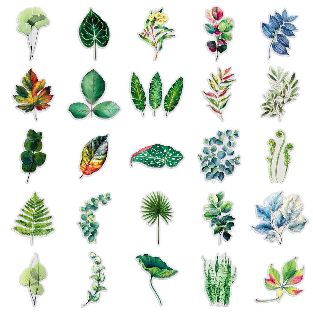 50/100PCS Transparent Leaf Stickers Cartoon Green Plant Leaves PET Waterproof Decoration Mobile Phone Computer Stationery Sticke