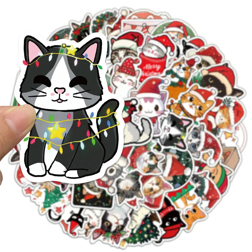 50PCS Cute Christmas Cartoon Cat Fun Stickers DIY Manual Scrapbook Fixed Phone Laptop Stickers Toy