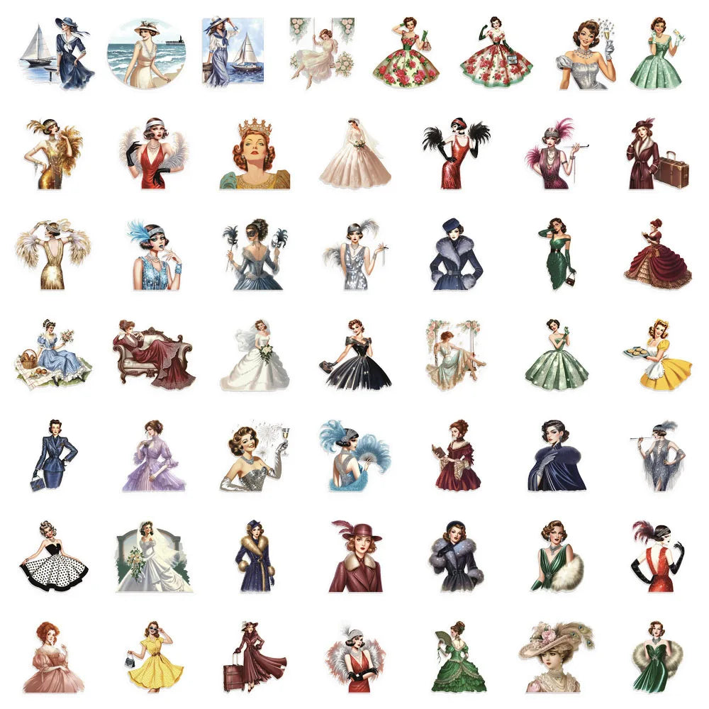 50PCS Retro Women's Classic PET Stickers Decorative Computer Scrapbook Refrigerator Phone Case Speaker Guitar Toy Stickers