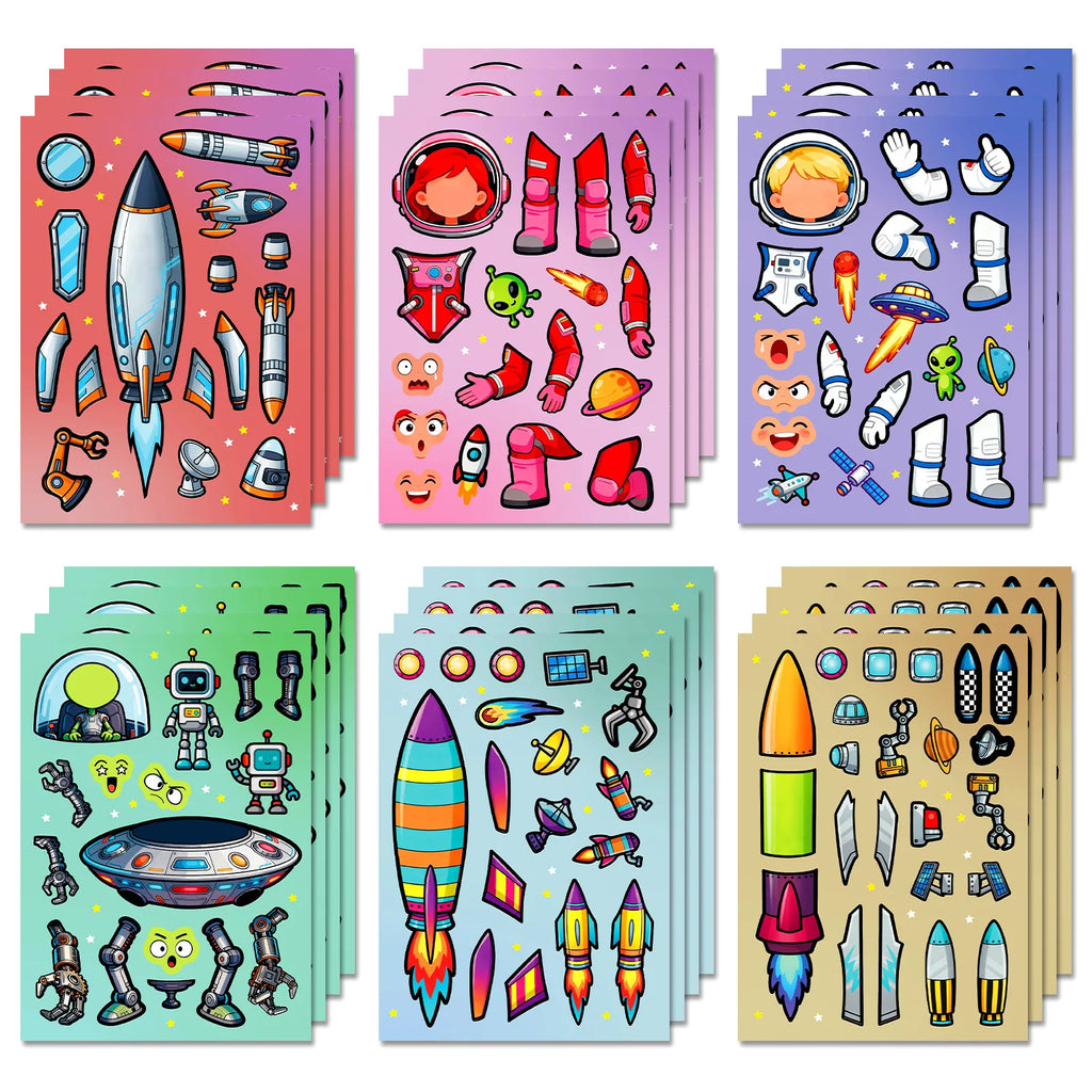 6/12/18PCS Colorful Space Exploration Puzzle Face Changing Sticker Cartoon Rocket Astronaut Hands on Sticker