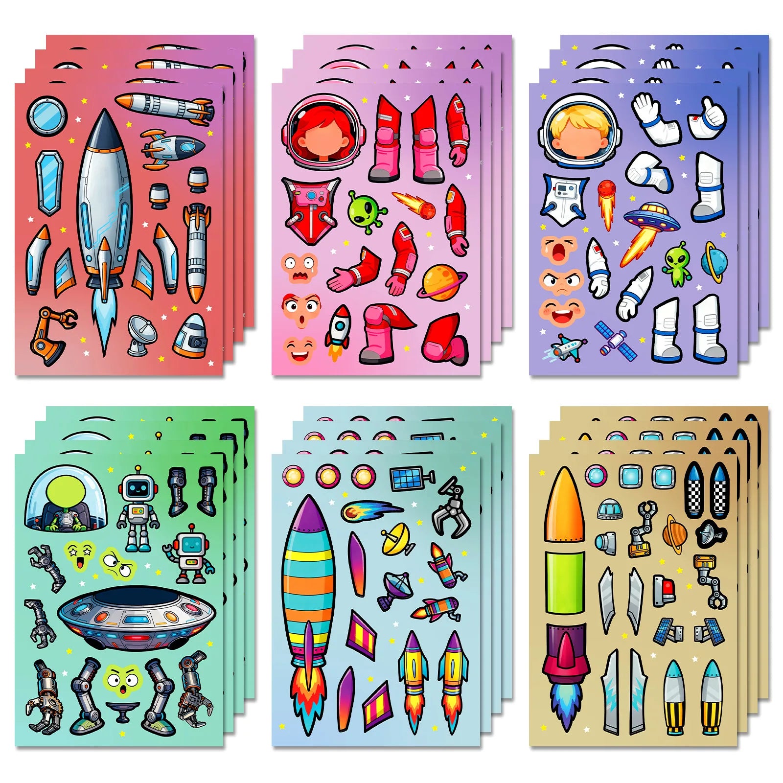 6/12/18PCS Colorful Space Exploration Puzzle Face Changing Sticker Cartoon Rocket Astronaut Hands on Sticker
