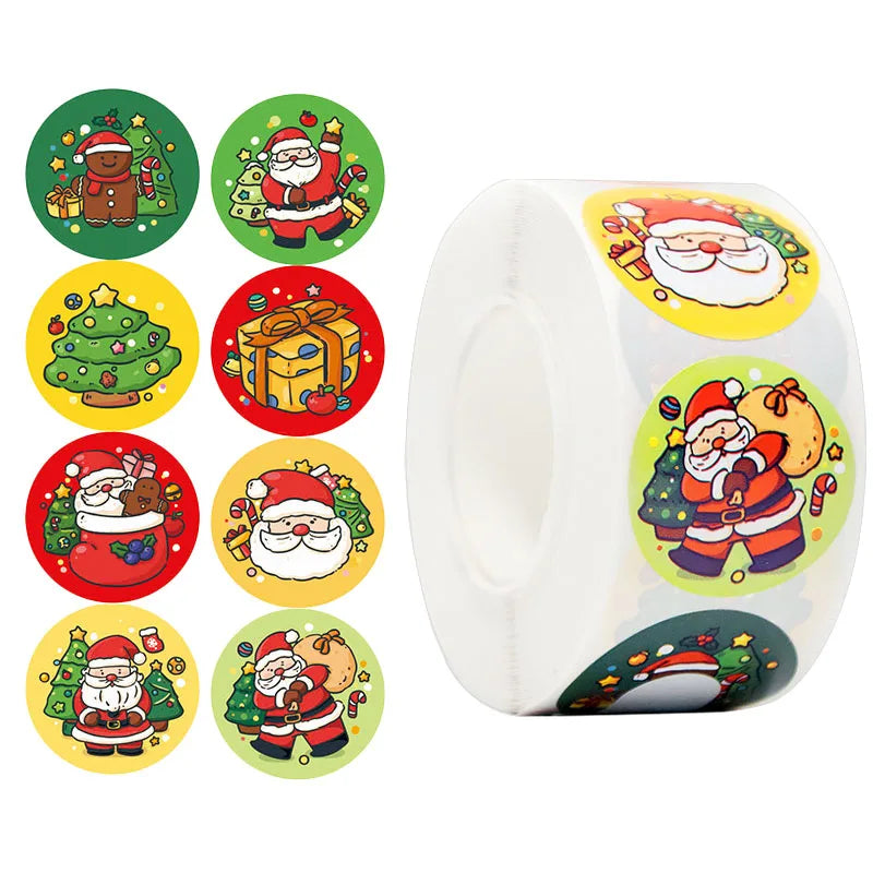 500Pcs/Roll 8 Designs Christmas Theme Elks Santa Claus, Christmas Trees Stickers 2.5cm/1.0'' Beautiful Merry Christmas Decals