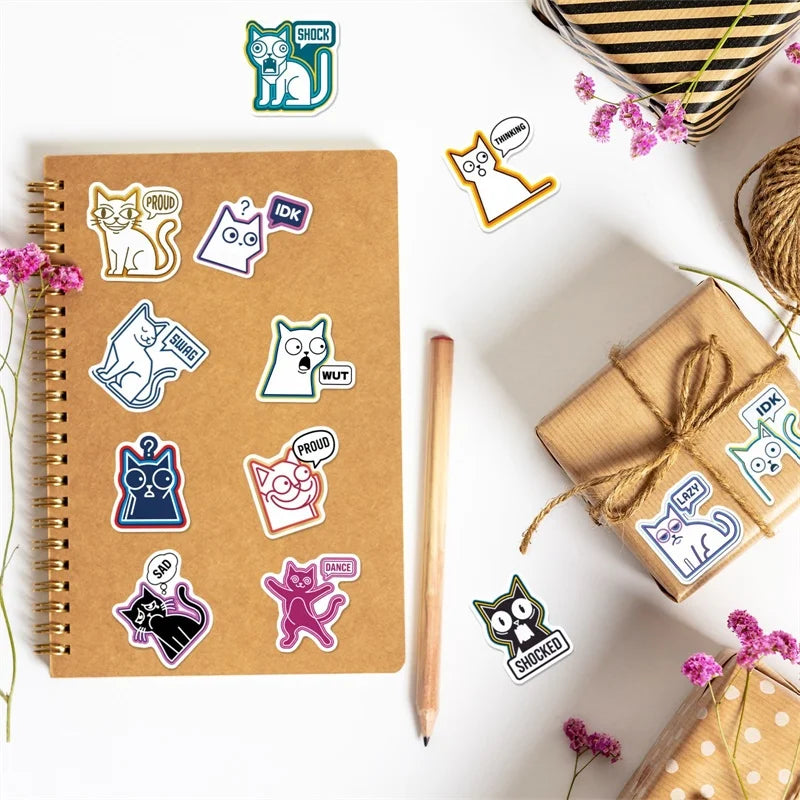 10/30/56PCS Abstract Lines Cat PVC Sticky Sticker Stationery DIY Children's Laptop Luggage Skateboard Decoration Scrapbooking