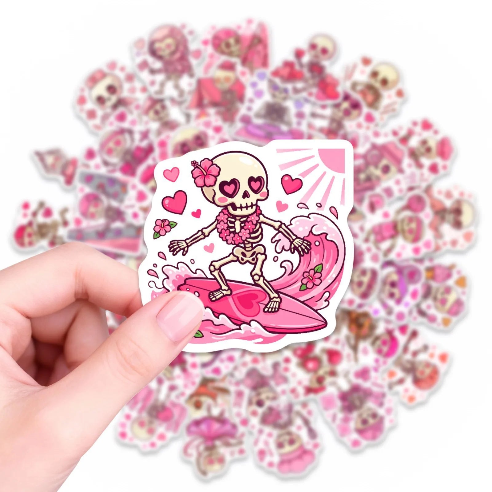 50/100 Pcs Pink Valentine Fun Skull Stickers Funny Heart Skeleton Waterproof DIY for Cup Phone Laptop Diary Helmet Decals