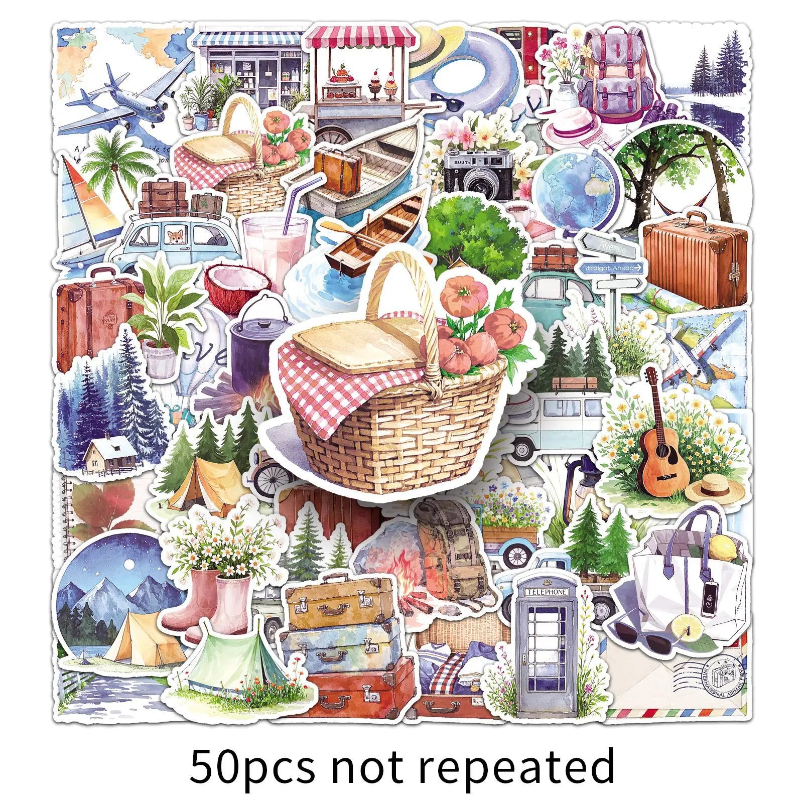 50-Pack Waterproof Outdoor Camping Graffiti Stickers for Phones Laptops Helmet Suitcase Watercolor Landscape Decor
