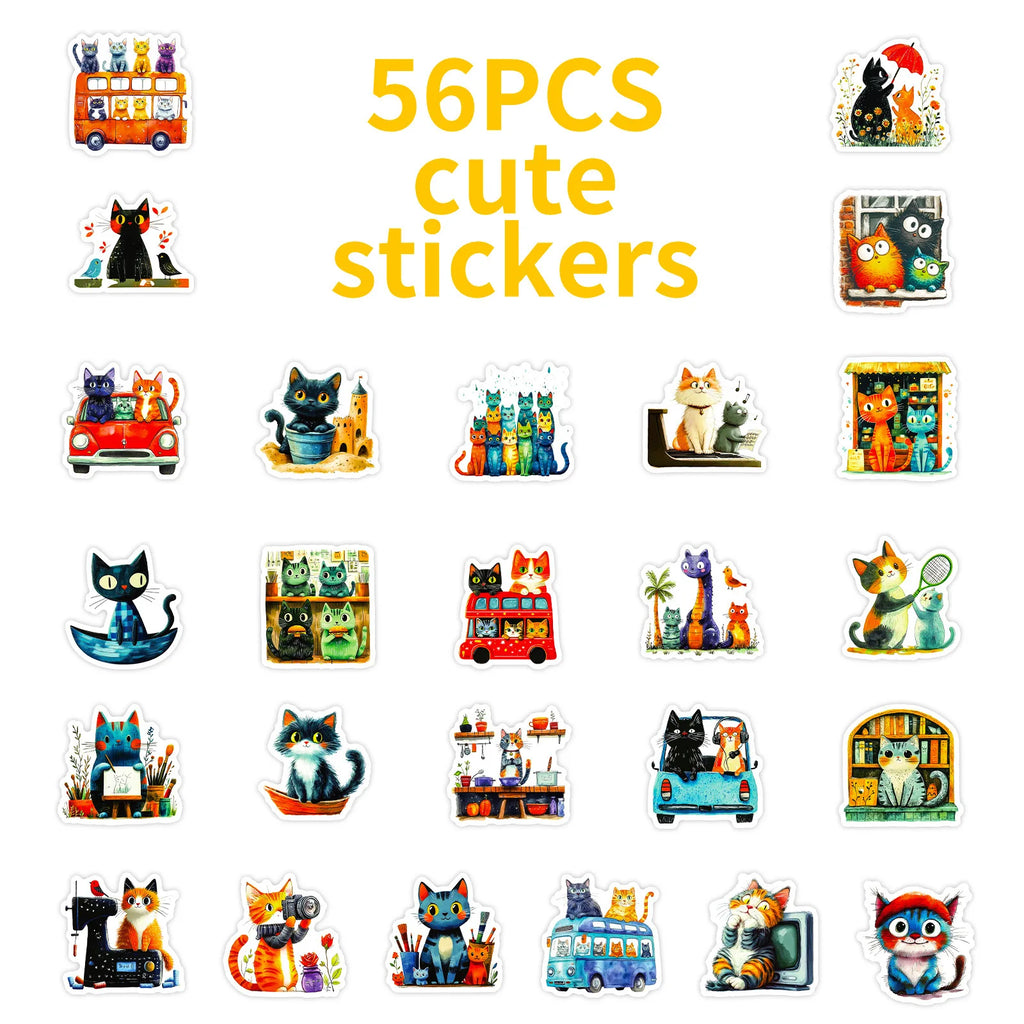 56/112Pcs Artistic Colorful Japanese Cat Doodle Stickers DIY for Scrapbook Notebook Stationery Box Pen Holder Phone Desk Bicycle