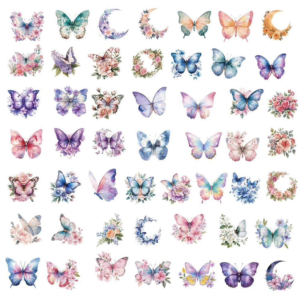 50PCS Butterfly Stickers Packaging Transparent PET Brochure Flower Material Decoration Tablet Laptop Waterproof Stickers