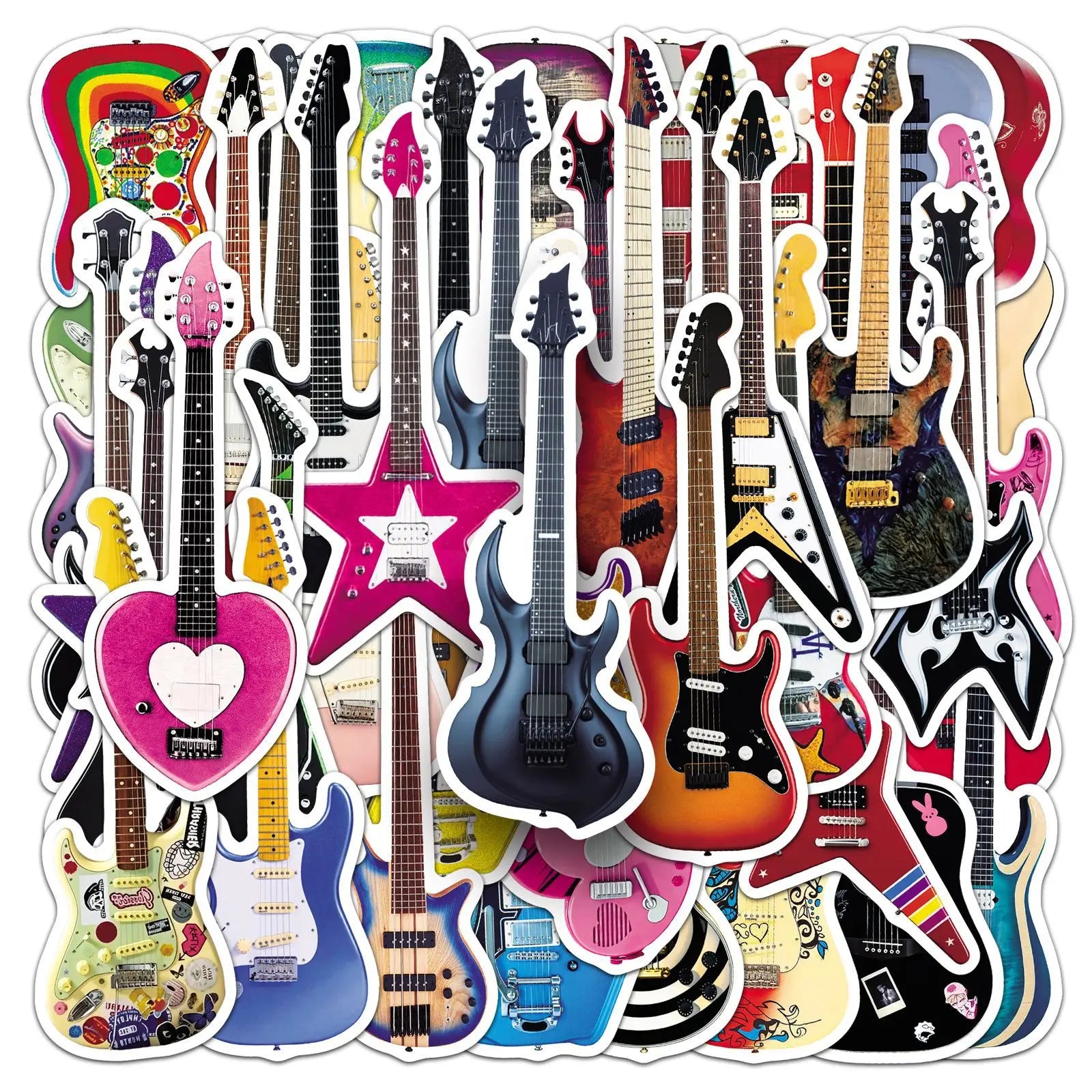 50-Pack Guitar Graffiti Stickers Cartoon Musical Instrument Decorations for Water Bottles Luggage Helmets Stationery Notebooks