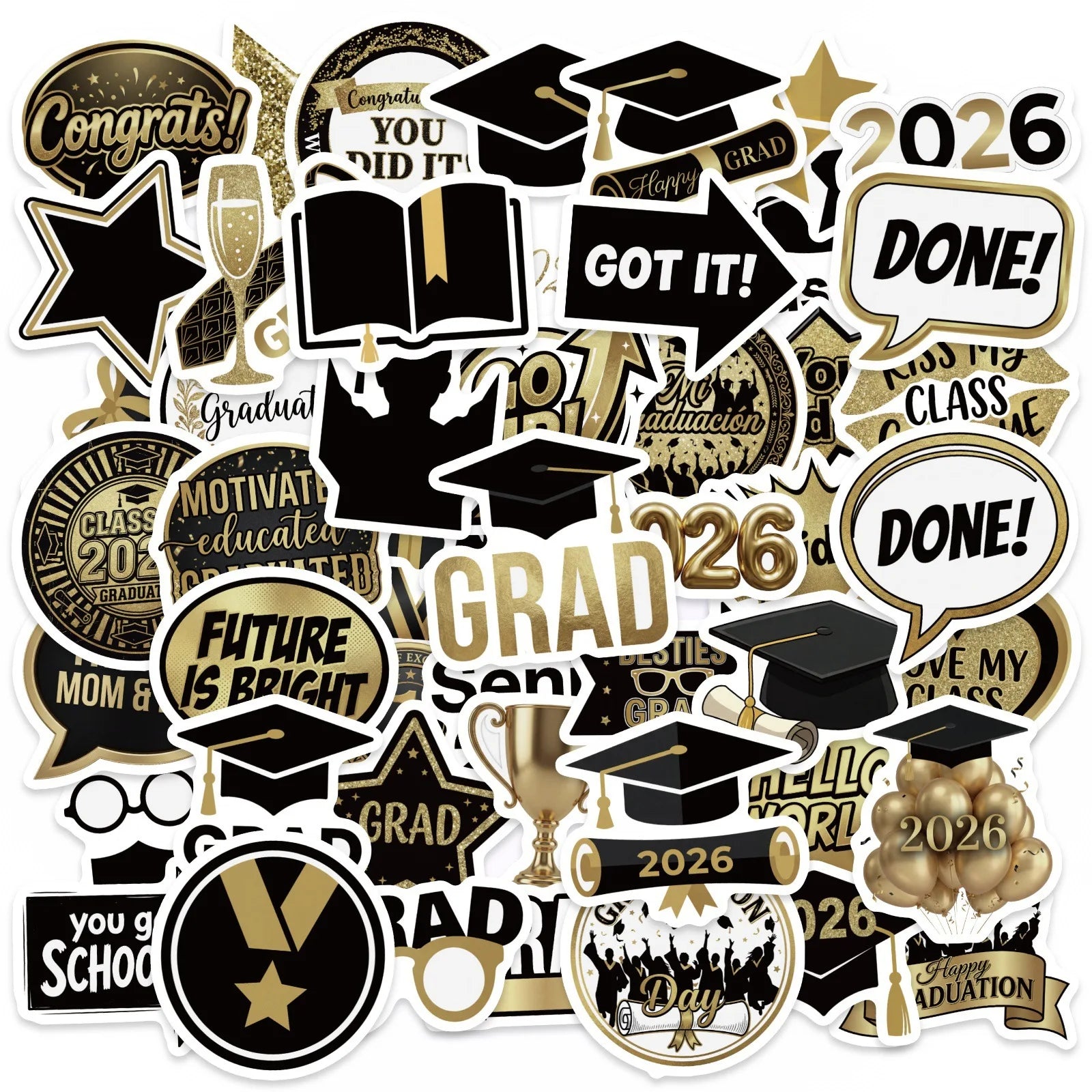 50/100 Pcs 2026 Graduation Party Theme Stickers for Atmosphere DIY Stationery Box Pen Holder Laptop Phone Desk Fade Resistant