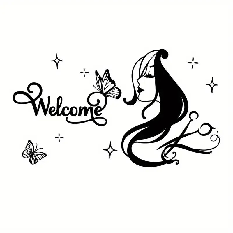 1pc Hairdressers Salon Wall Decal Beauty Salon Wall Sticker Welcome Creative Vinyl Art Mural for Scissors Barber Shop Decor
