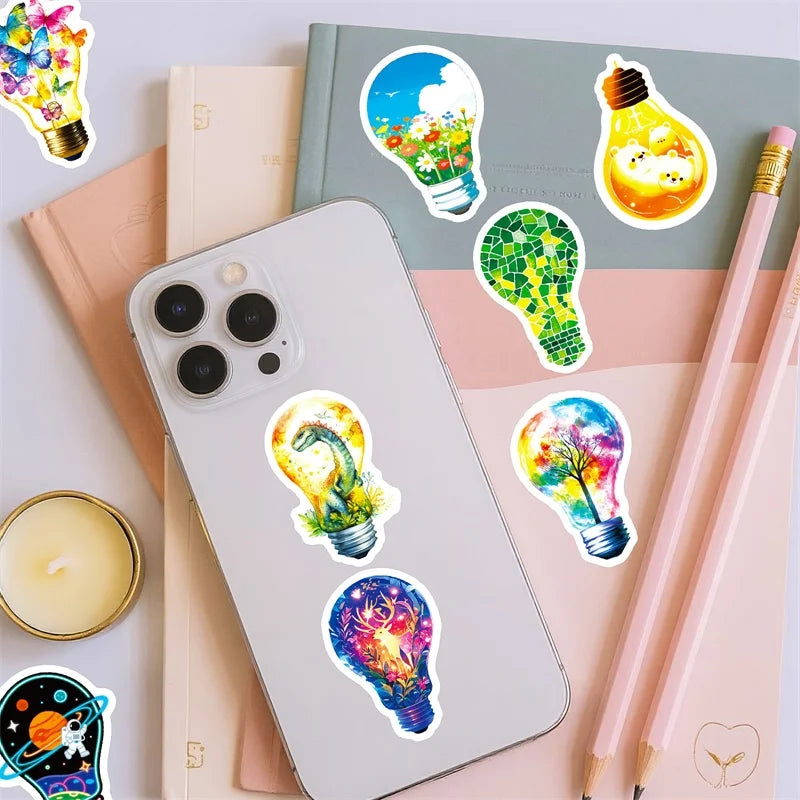 10/30/56PCS Cartoon Light Bulb World PVC Sticky Stickers Aesthetic DIY Colored Phone Laptop Luggage Skateboard Graffiti Decals