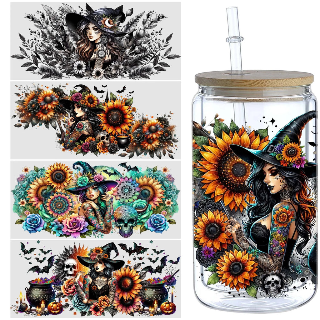 5 Sheets Halloween Witch UV DTF Glass Cup Wrap Transfer Stickers, DTF Transfer Stickers, Waterproof Wipe-Off Transfer