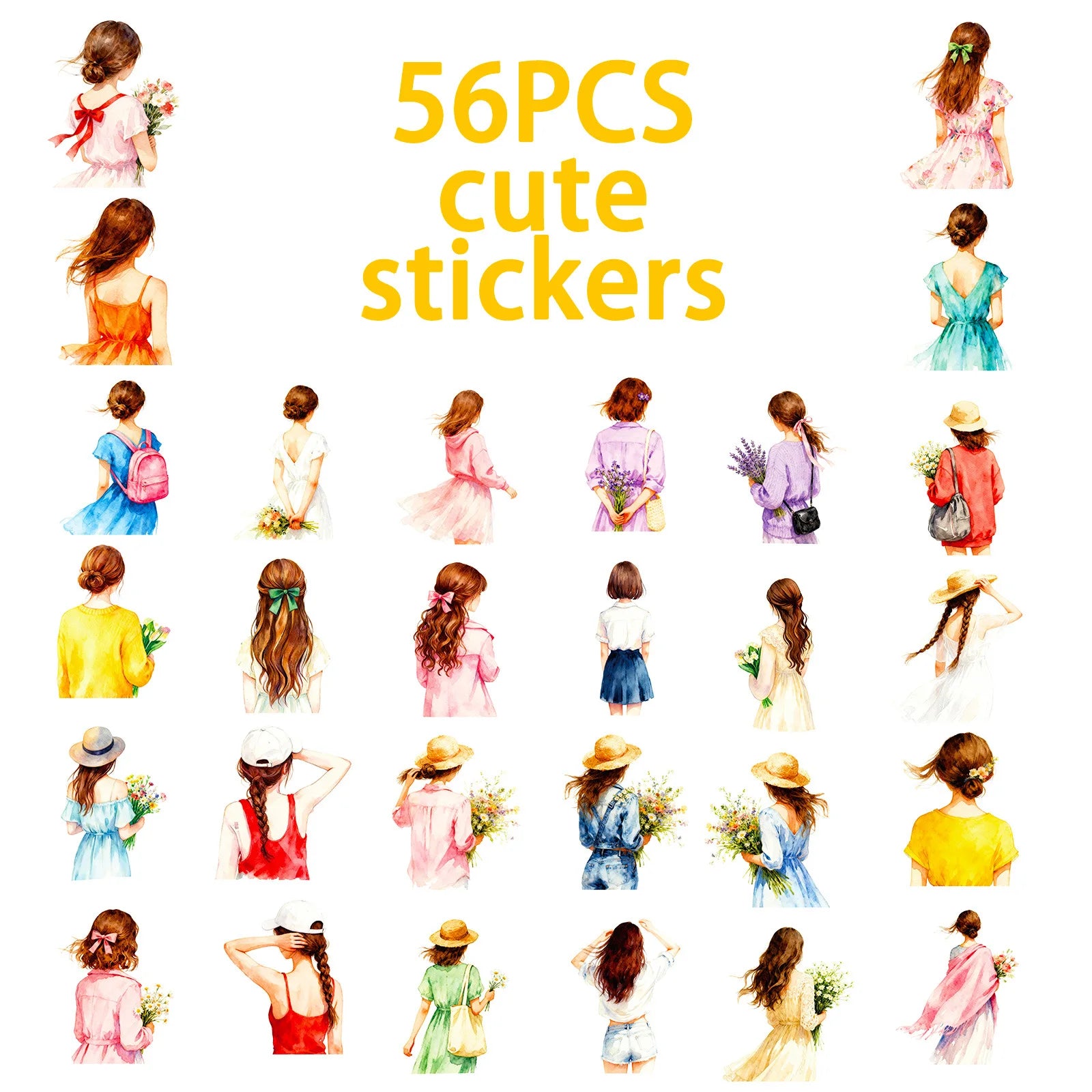 56PCS Watercolor Style Fashion Girl Silhouette Stickers, Office School Supplies Journal Notebook Fridge Aesthetic Sticker