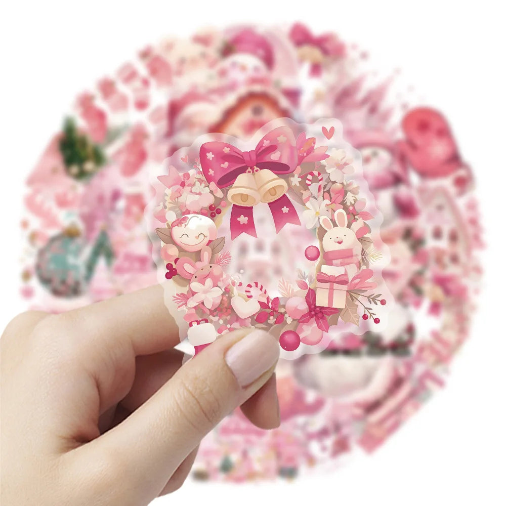 50PCS Transparent Plastic PET Pink Christmas Stickers Santa Claus Holiday Stationery Pen Holder Children's Reward Decor Stickers