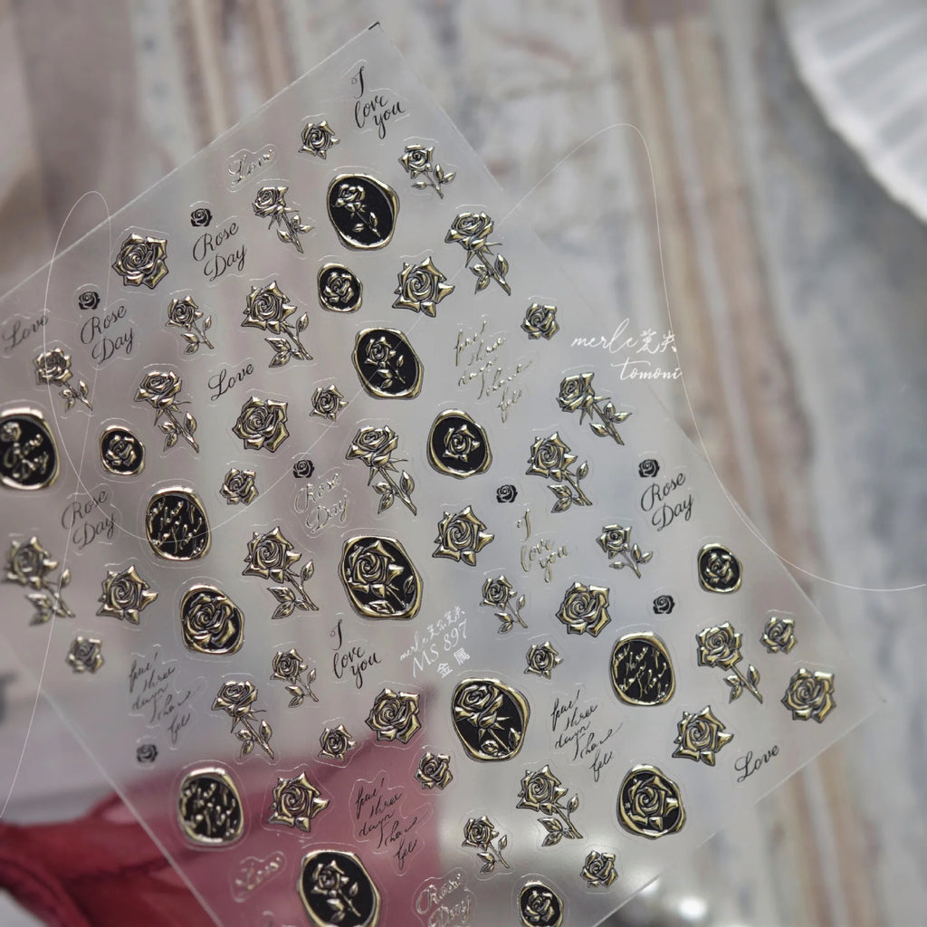 Retro Rose Flowers Nail Art Stickers Luxury Gilt-gold Metal Nail Stickers Back Adhesice Seal Rose Nails Decorations Decals DIY