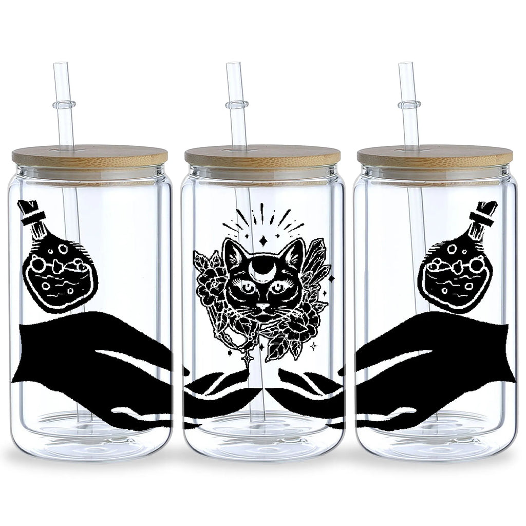 5 sheets Magic Cat UV DTF Glass Cup Wrap Transfer Stickers, DTF Transfer Stickers, Waterproof Wipe-Off Transfer Stickers